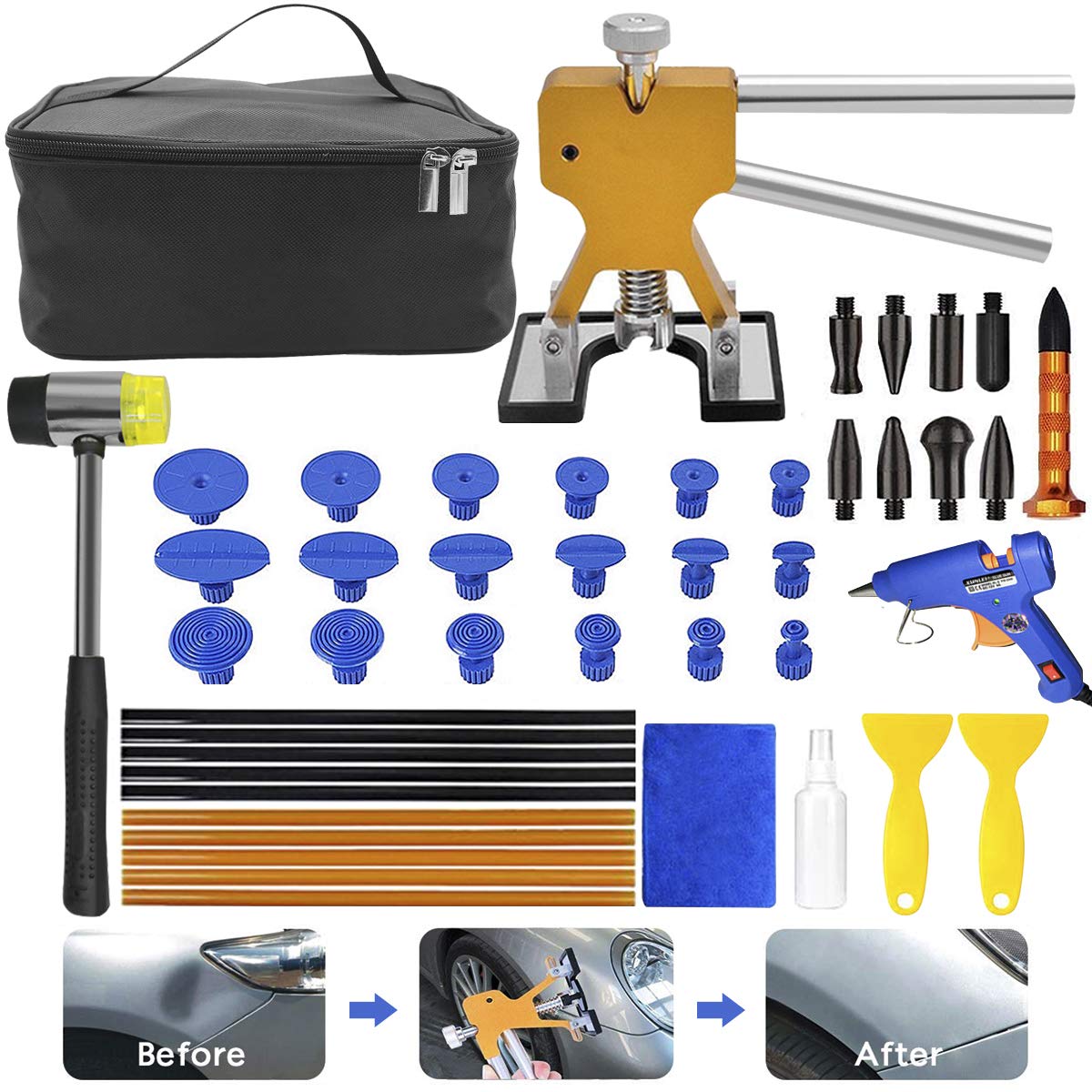 MENQANG Auto Paintless Dent Removal Tools, 42 PCS Car Dent Repair Kit with Glue Gun, Minor Dent and Deep Dent Removal Suction Cup Dent Puller (Gold-Repair pen and hammer)