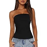 BTFBM Womens Strapless Tube Tops Spring Summer Clothes 2026 Trendy Casual Ruched Stretchy Going Out Bodycon Bandeau Top