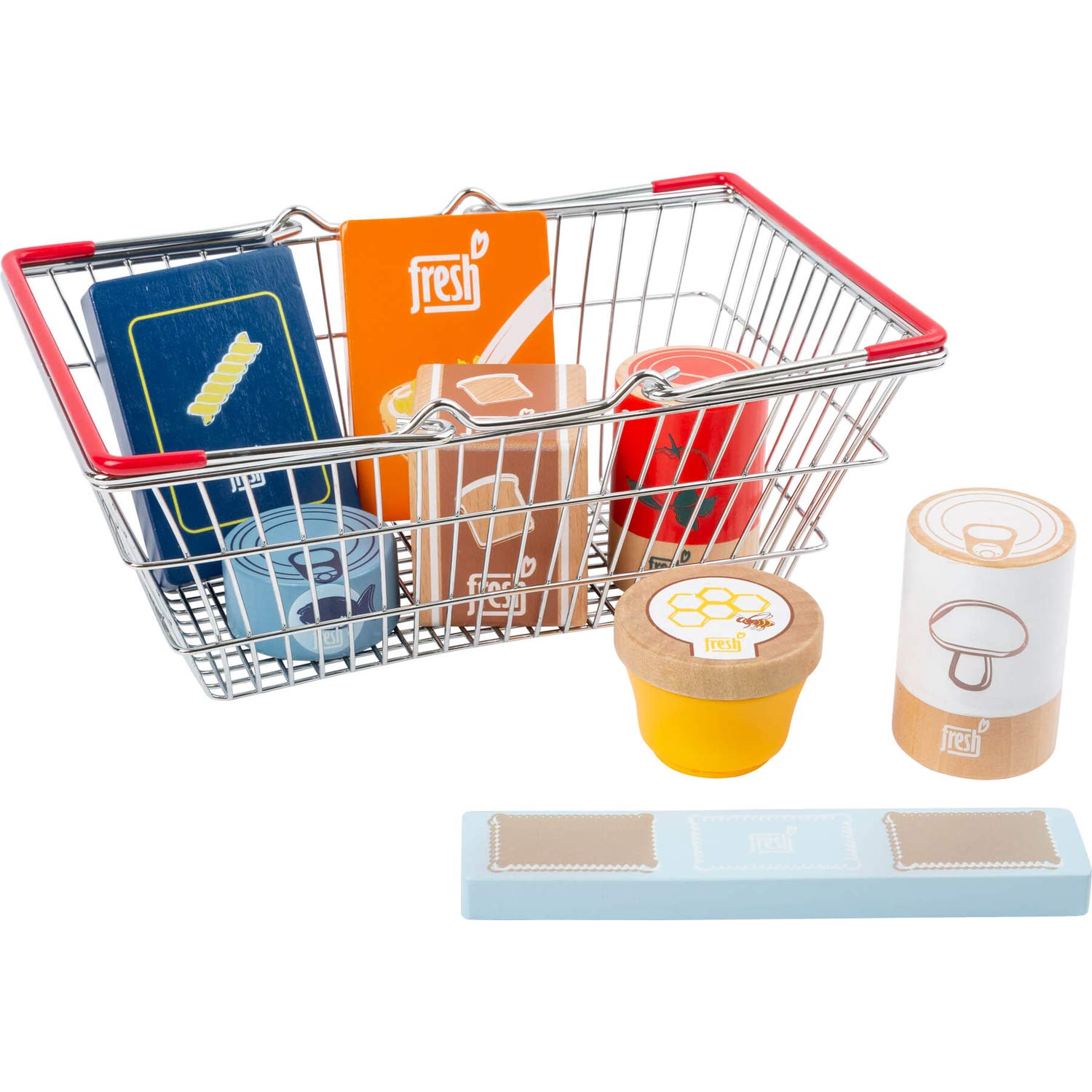 Small Foot 11443 Groceries Set In Shopping Basket Fresh Made of Wood, Play Set as Accessory for Children's Play Kitchens and Play Stores