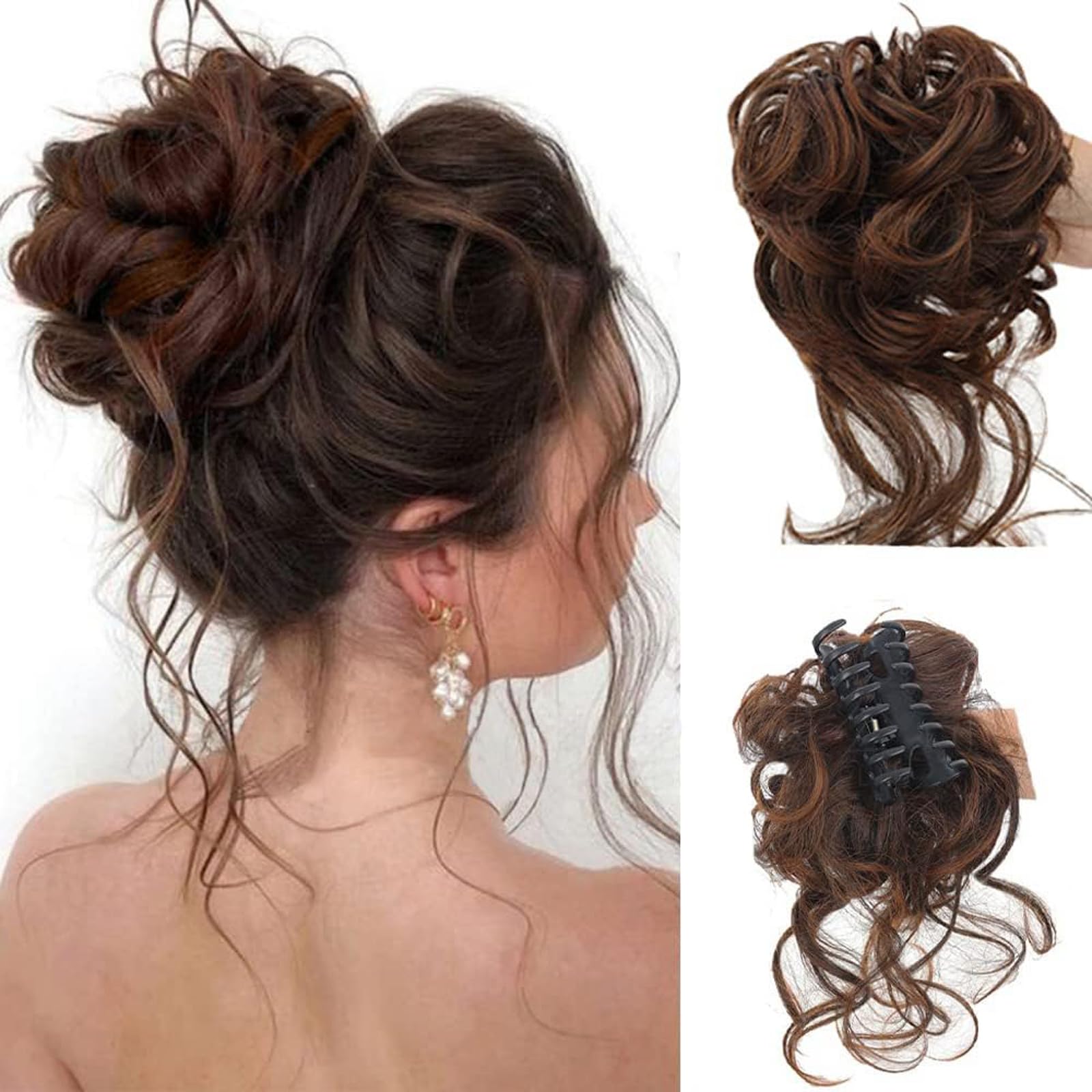 Hanaoops Curly Wavy Hair Chignon Clip in Hairpiece, Synthetic Extensions, Messy Bun, Elastic Hair Bun, Tousled Updo, Ponytail Donut, Scrunchy, Curly Hairpieces for Women (B)