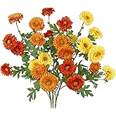 CISDUEO 3 Pcs Mums Artificial Flowers for Outdoors Fall Sunset Flowers Fake Silk Daisy Flower Burnt Orange Yellow Faux Mums for Outdoor Planters Indoor Vase Table Floral Arrangement Autumn Decor