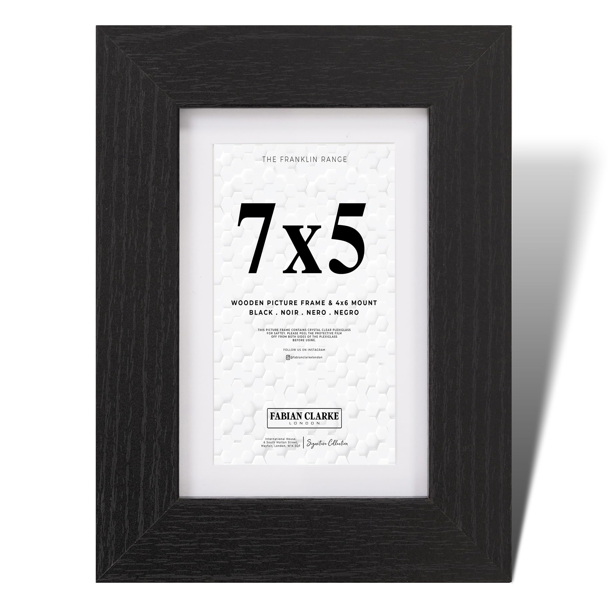 Fabian Clarke London® 7x5 Modern Black Wooden Picture Photo Frame with 6x4 White Mount Includes Safety Glass Front Hang Portrait or Landscape