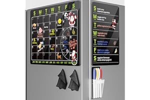 KLEARLOOK MAXIMIZED CLARITY! 2 Set Scratch-Proof Magnetic Acrylic Calendar for Fridge 16" x 12" - Klearlook Monthly & Weekly Fridge Planner Board with Magnetic Strips, 4 Color Markers, 1 Pen Holder & 2 Cleaning Cloths, Black