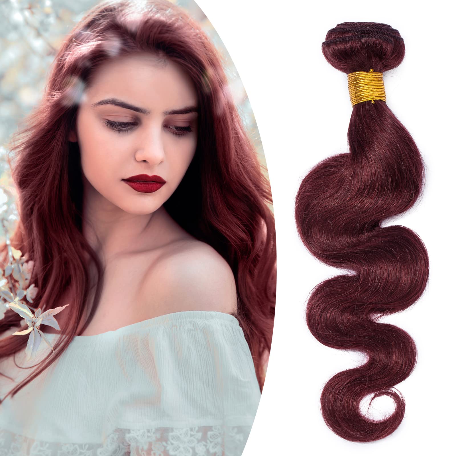 12 inches SEGO Body Wave Human Hair Weave Bundles Hair Weft Extensions Real Human Hair [#99J Wine Red] Brazilian Virgin Remy No Clip in (1 Bundle,100g) — image 1