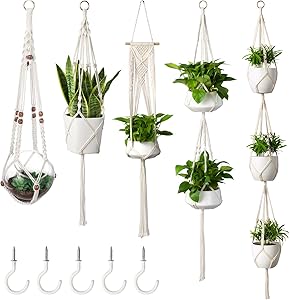 MoonLa 5-Pack Macrame Plant Hangers with 5 Hooks, Indoor Outdoor Hanging Planters Set Hanging Plant Holder Stand Flower Pots Boho Home Decor(Cotton Rope, 4 Legs, 5 Sizes)