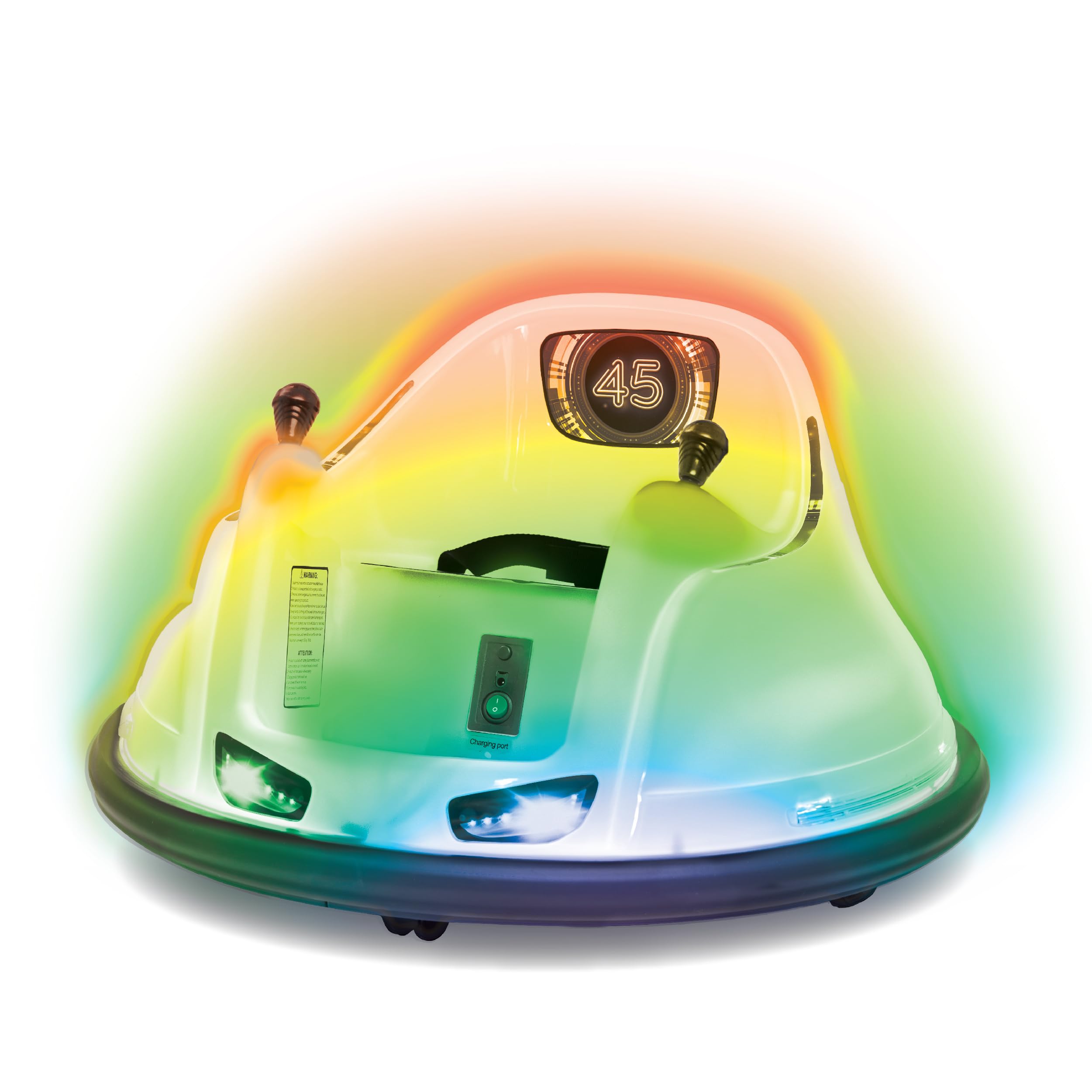 Photo 1 of ***Flybar 6V White Glow Bumper Car for Kids – LED Ride-On Toy with 360° Spin, Rechargeable Battery, and Soft Rubber Bumpers – Safe Indoor Fun for Toddlers Ages 1.5+, Up to 66 lbs