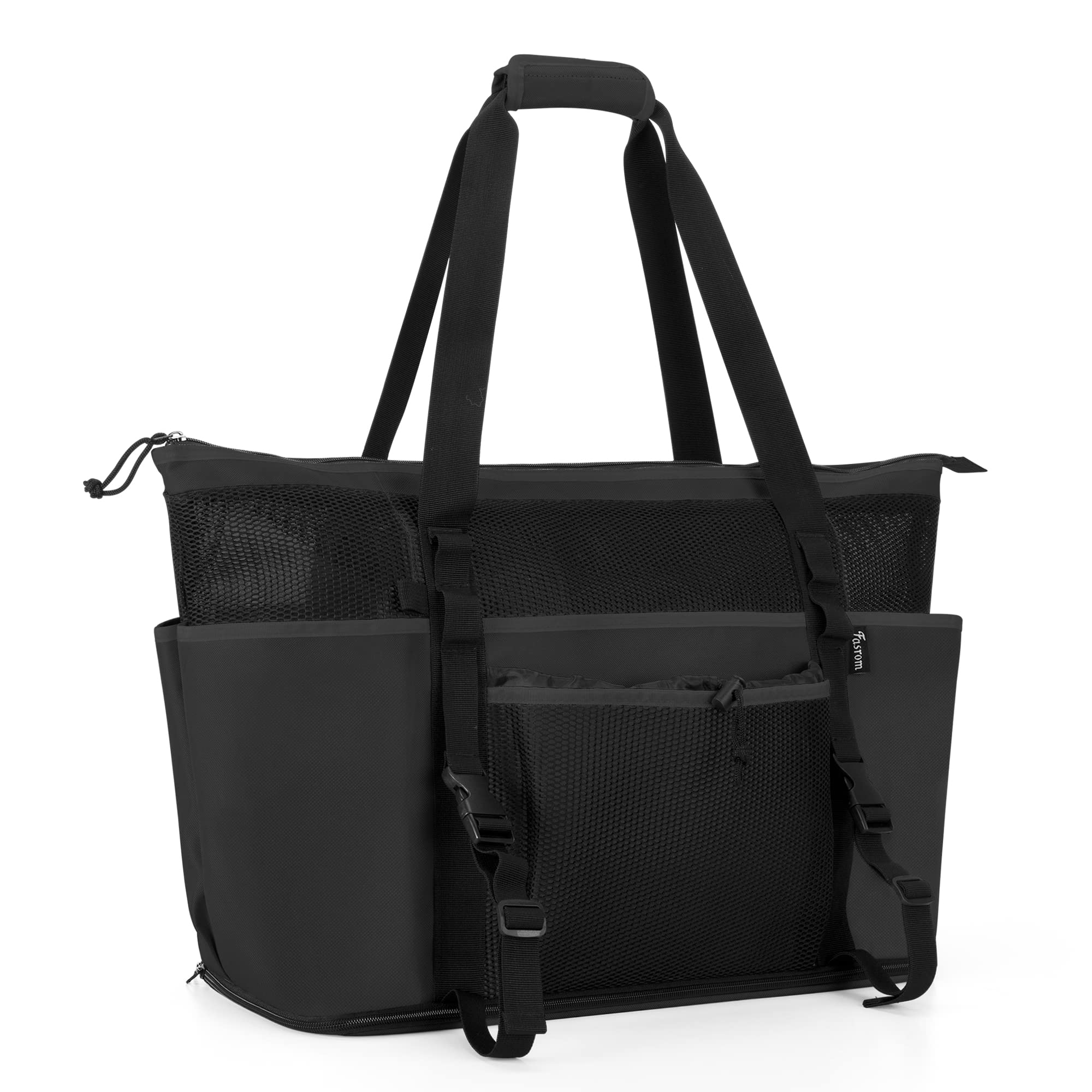 Fasrom Extra Large Mesh Beach Bag with Zipper Bottom, Family Beach Tote Bag with Wet and Dry Separation (Patent Pending), Black