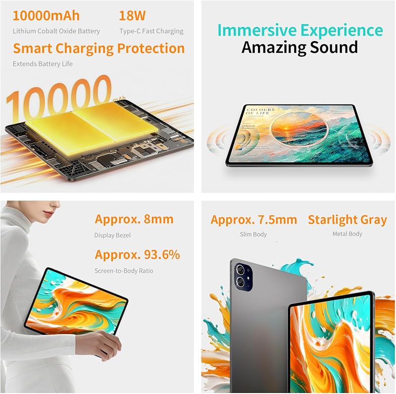 ArtPad Tablet 13.2 Pollici 2.2K 120Hz Tablets Android 16, T7300 2.2GHz Octa-Core, 10000mAh/18W, 48GB RAM+128GB(8TB TF), 4G LTE Doppio SIM 5G WiFi, Widevine L1/GPS/BT5.4, Gemini AI Tablet 2026