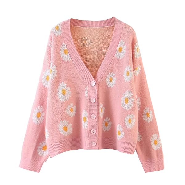 WOMENS Y2K LONG SLEEVE LOOSE CARDIGAN SWEATER V NECK KNITTED CARDIGAN BUTTONS SWEATERS TOPS(A-PINK,ONE SIZE)