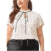 OYOANGLE Women's Plus Size Heart Print Tie Neck Short Sleeve Work Office Summer Blouse Tops