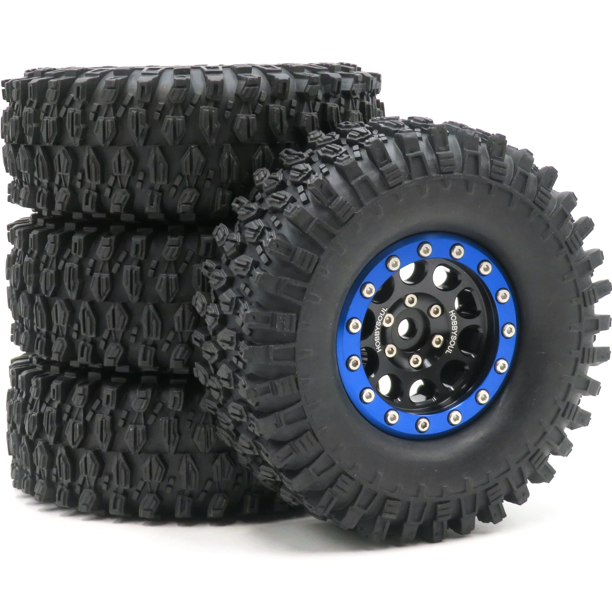 Photo 1 of 4pcs RC Soft 1.9 Tires Height 108mm/4.25inch & 1.9 Metal Beadlock Wheels Rims Hex 12mm Black & Blue Color for 1/10 1/12 RC Mud Crawler Truck Axial SCX10 90046 RC4WD D90 TF2 Tamiya CC01,(Assembled)