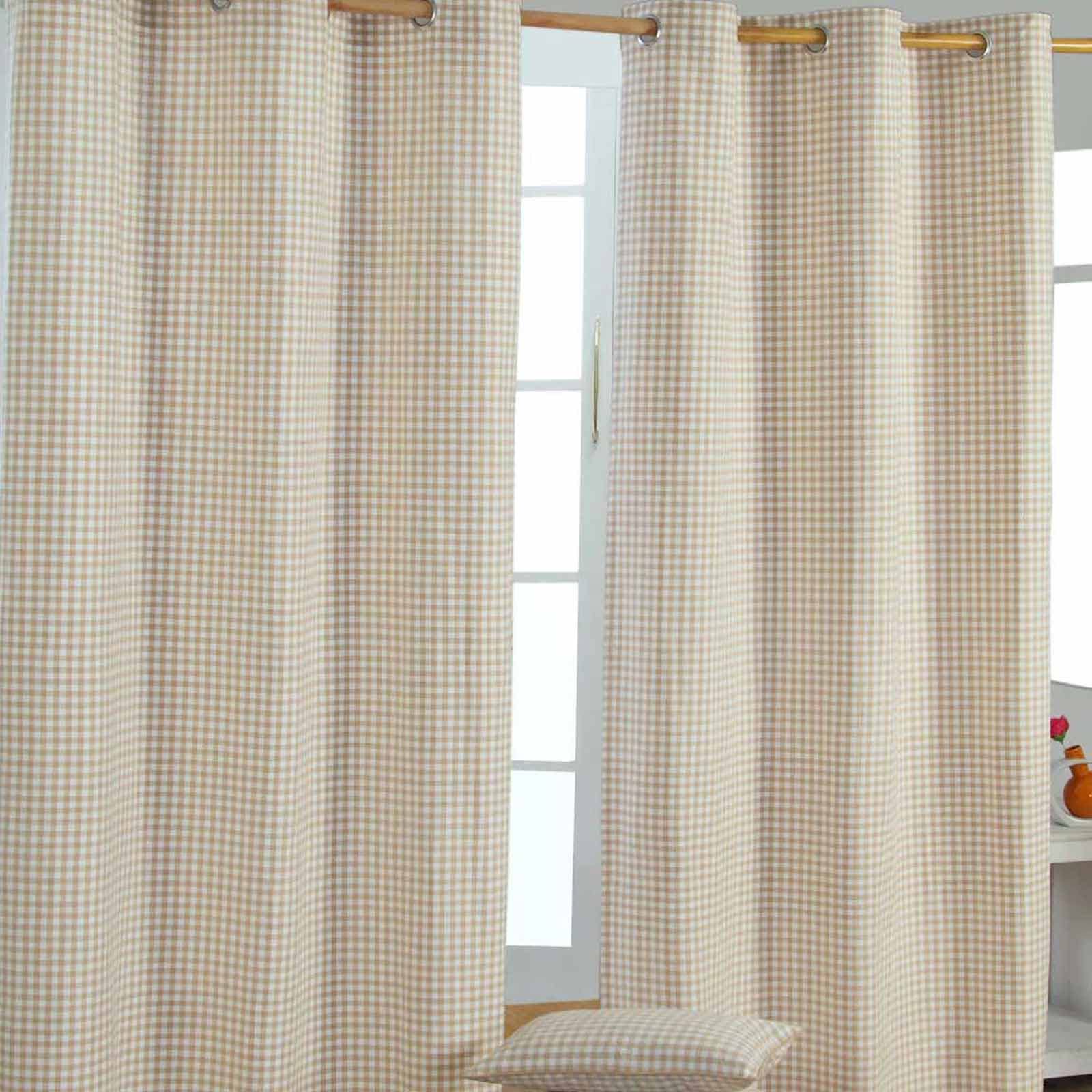 HOMESCAPES Beige Gingham Check Eyelet Curtain Pair 100% Cotton 137cm (54”) Wide x 182cm (72”) Drop