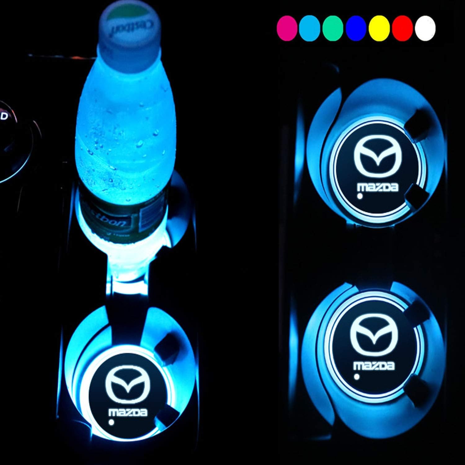 Lntly LED Car Logo Cup Holder Pad Waterproof Bottle Drinks Coaster Built-in Light 7 Colors Changing USB Charging Mat LED Cup Mat Car Atmosphere Lamp 2PCS for Mazda Accessories