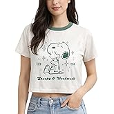 Peanuts Womens Crop Top - Snoopy Short Sleeve Crewneck Casual Cropped Graphic Baby Tee Shirts for Women (Sizes: S-XL)