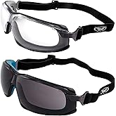 Global Vision Sunn Up Motorcycle Safety Goggles ANSI Z87.1 Scratch-Resistant Anti-Fog 2 Pair Gray Frame w/Clear Lens & Blue Frame w/Smoke Lens