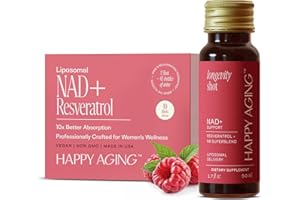 Happy Aging Longevity Shots | Healthy Aging Supplement for Women | Resveratrol, NAD, Grape Seed Extract, Antioxidants | Liposomal Formula Boosts Energy, Firm Skin, Cellular Detox | 10 Shots, Pack of 1