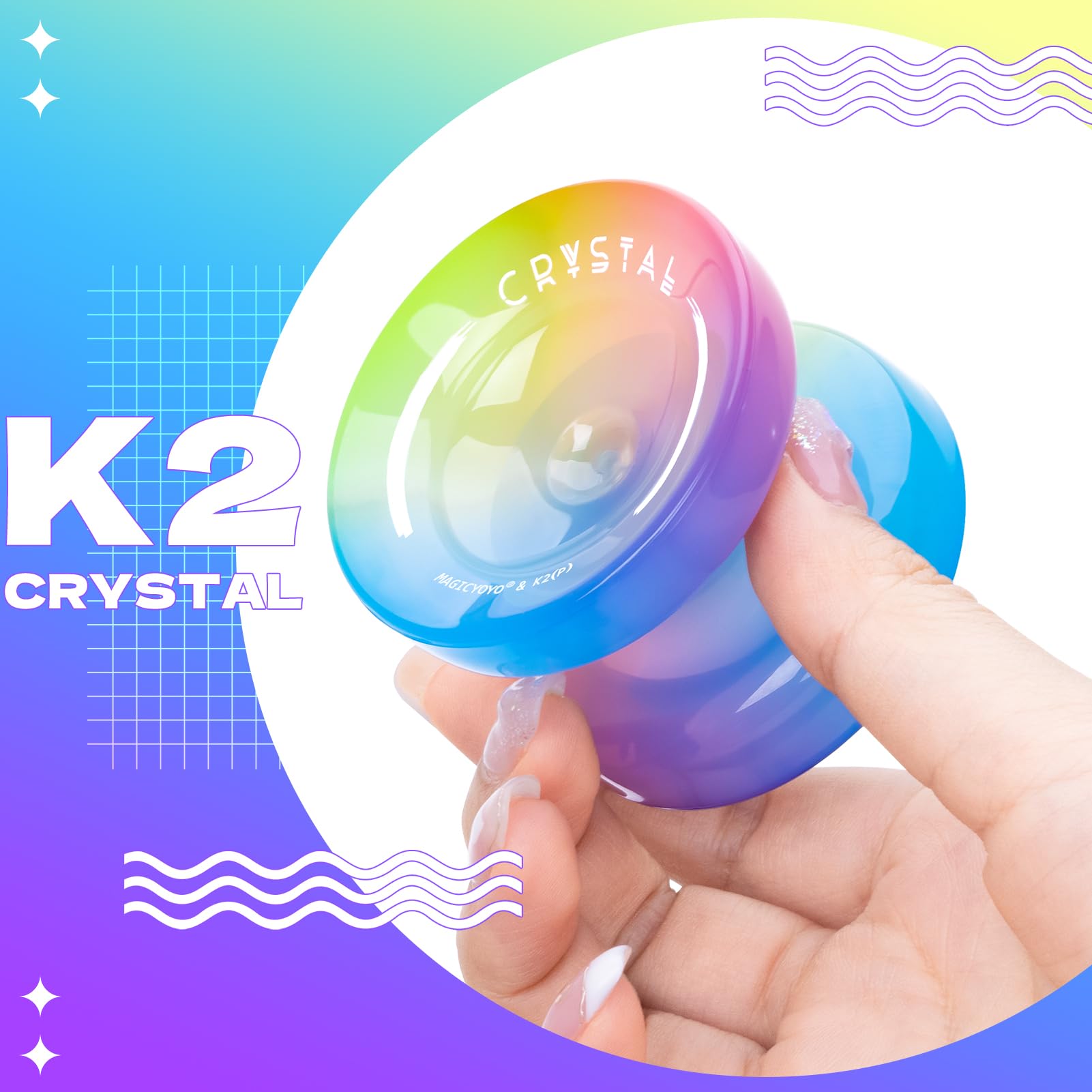Responsive Yoyo for Kids Beginners, Professional Yo yo Crystal K2, Dual Purpose Yo-Yo for Adults + Extra Unresponsive Yo Yo Bearing + 12 YoYo Strings + Storage Bag ( Yellow Pink Blue Gradient)