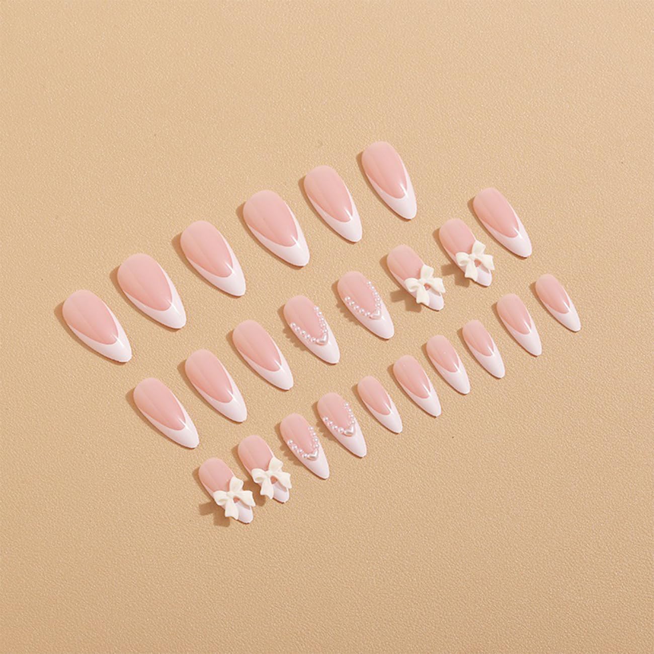 White French Tip Almond Shape Pearl Bow Fake Nails Design Tips - 24pcs Cute Bow Stick On Nails for Women & Girls - Daily Wear - Image 4