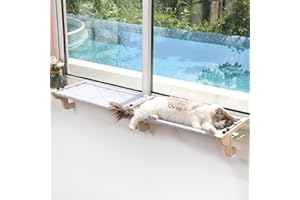 Zakkart 2PC Easy Seat Cat Perch for Window Sill - Hammock Design w/Pine Wood & Robust Metal Frame - Cat Window Seat for Large Cats and Kittens (Natural Color Wood w/Gray Bed, Large (26''W x 14''D)