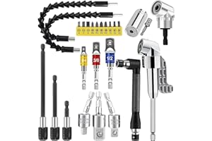 ZORKNOPT 26 PCS Flexible Drill Bit Extension Set with 2 PCS 105° Right Angle Drill Attachment, Bendable 1/2 3/8 1/4" Universa