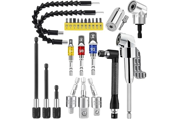 ZORKNOPT 26 PCS Flexible Drill Bit Extension Set with 2 PCS 105° Right Angle Drill Attachment, Bendable 1/2 3/8 1/4" Universa