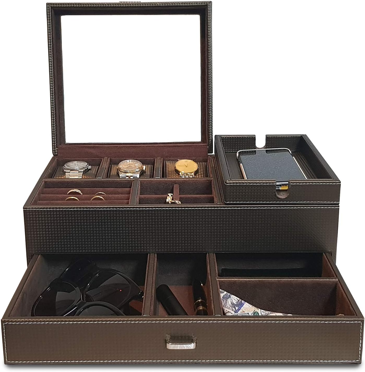 Amiglo Mens Dresser Valet Organizer with Charging Station, Nightstand Drawer Tray, Jewelry Accessories Watches Box, Carbon Fiber Design, PU Leather (Gold Brown): Home Improvement