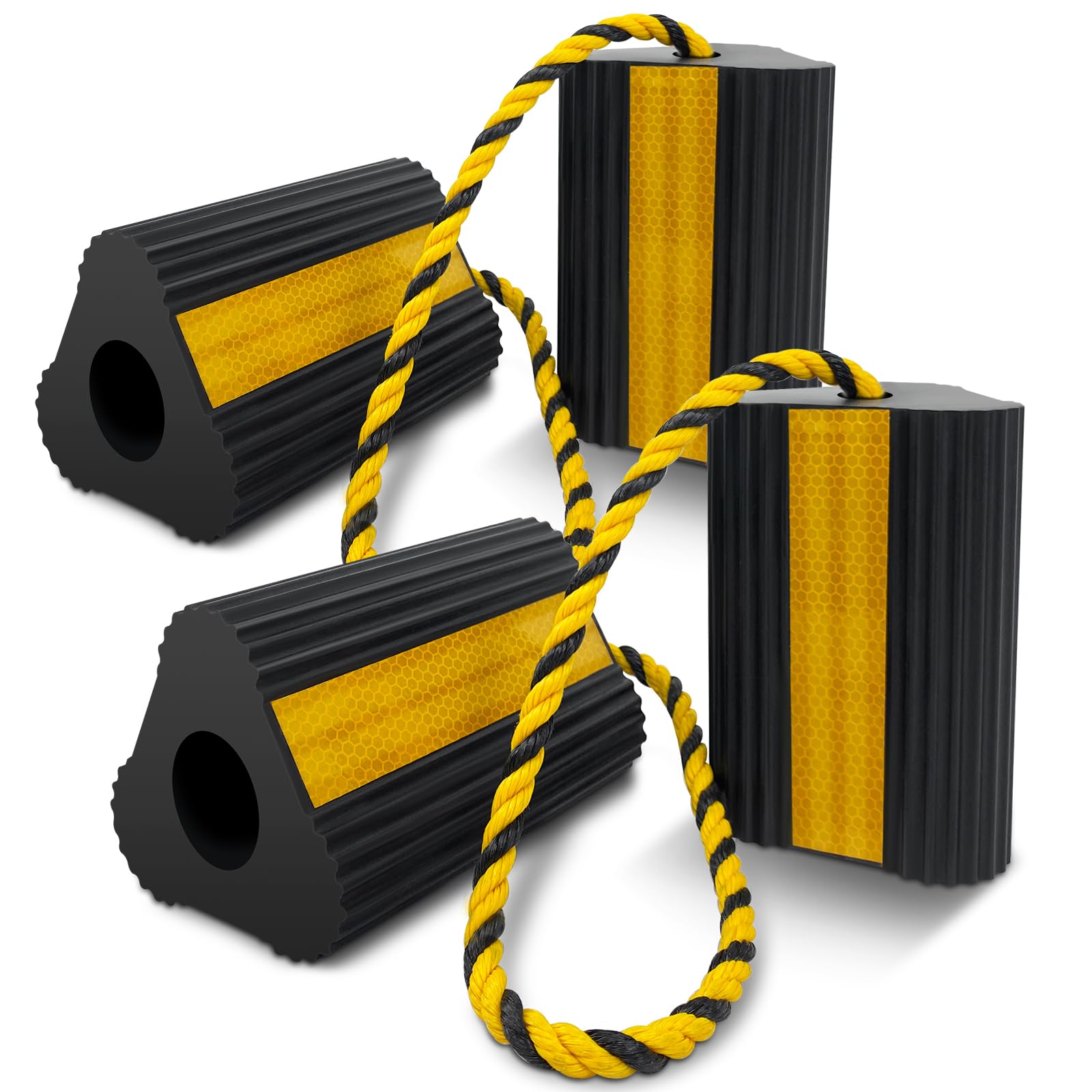 Photo 1 of ROBLOCK Wheel Chocks (2pair/4pack with Rope) for RV Trailer Camper Truck Car Aircraft, Versatile Heavy Duty Rubber Wheel Chocks Block with 3 Reflective Strips, Tire Wheel Immobilizers & Chocks