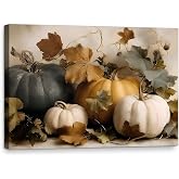 Thanksgiving Framed Canvas Wall Art, Neutral Orange White Pumpkin Pictures with Autumn Leaves, Rustic Fall Artwork for Living Room Dining Room Kitchen Farmhouse Seasonal Decoration