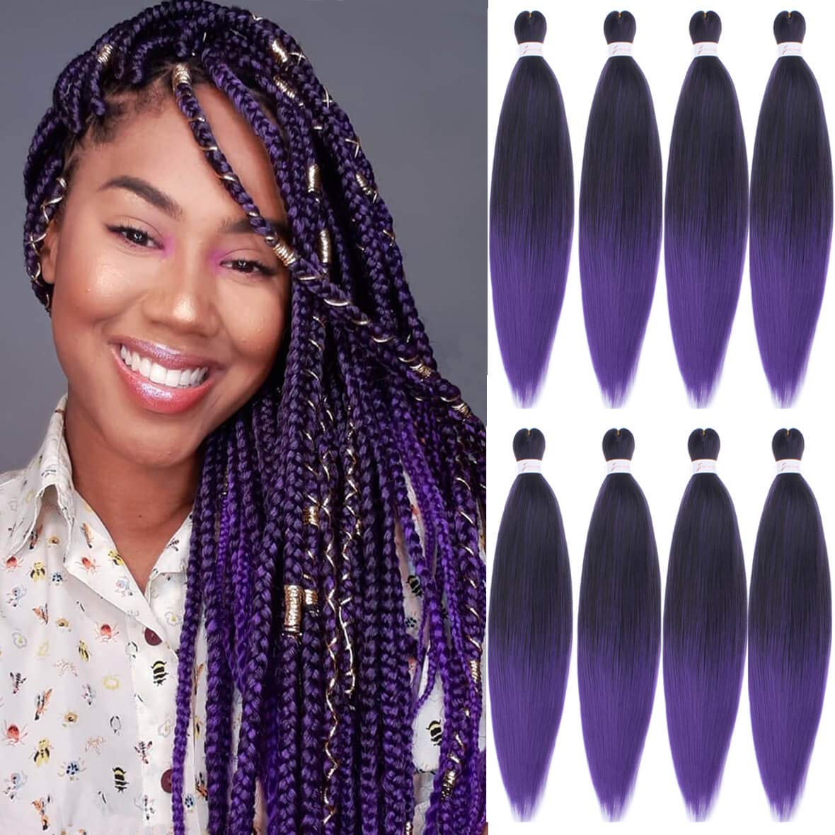 Leeven 8 Packs Purple Braiding Hair Extensions Pre Stretched for Box Braids 26'' Yaki Straight Braiding Hair Synthetic Kanekalon Fiber Hot Water Setting Crochet Braiding Hair Extension /26 Inch 1BPU#