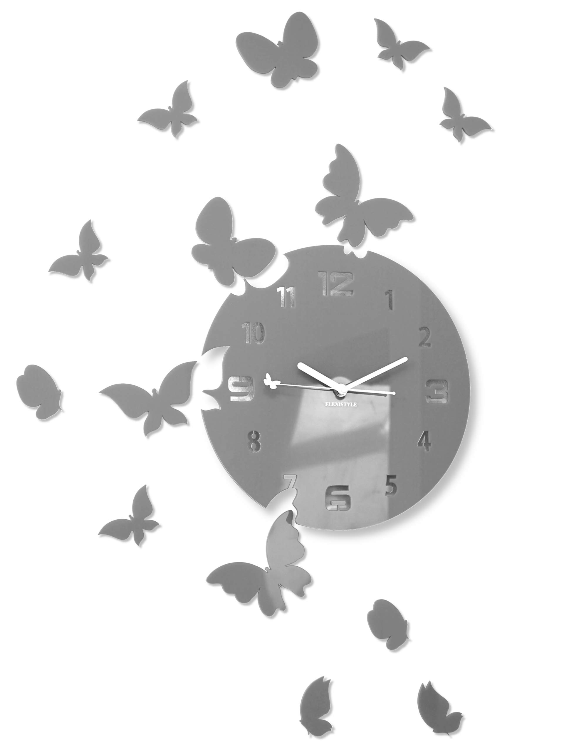 FLEXISTYLE z4g-1a Large Modern Wall Clock Butterfly Round 30 cm 15 Butterflies Living Room Bedroom Children's Room Product Made in the EU (Grey)