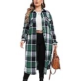ZOMVA 2025 Women's 0X-5X Plus Size Long Flannel Plaid Shacket Jacket Oversized Button Down Coats Shirts with Pockets