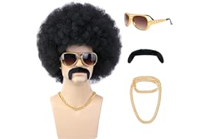 morvally 70s Black Afro Wig for Men with Glasses Chain and Mustache Mens Short Black Curly Disco Costume Wigs 70's 80s Hippie Rocker Funny Cosplay Synthetic Wigs for Halloween Party