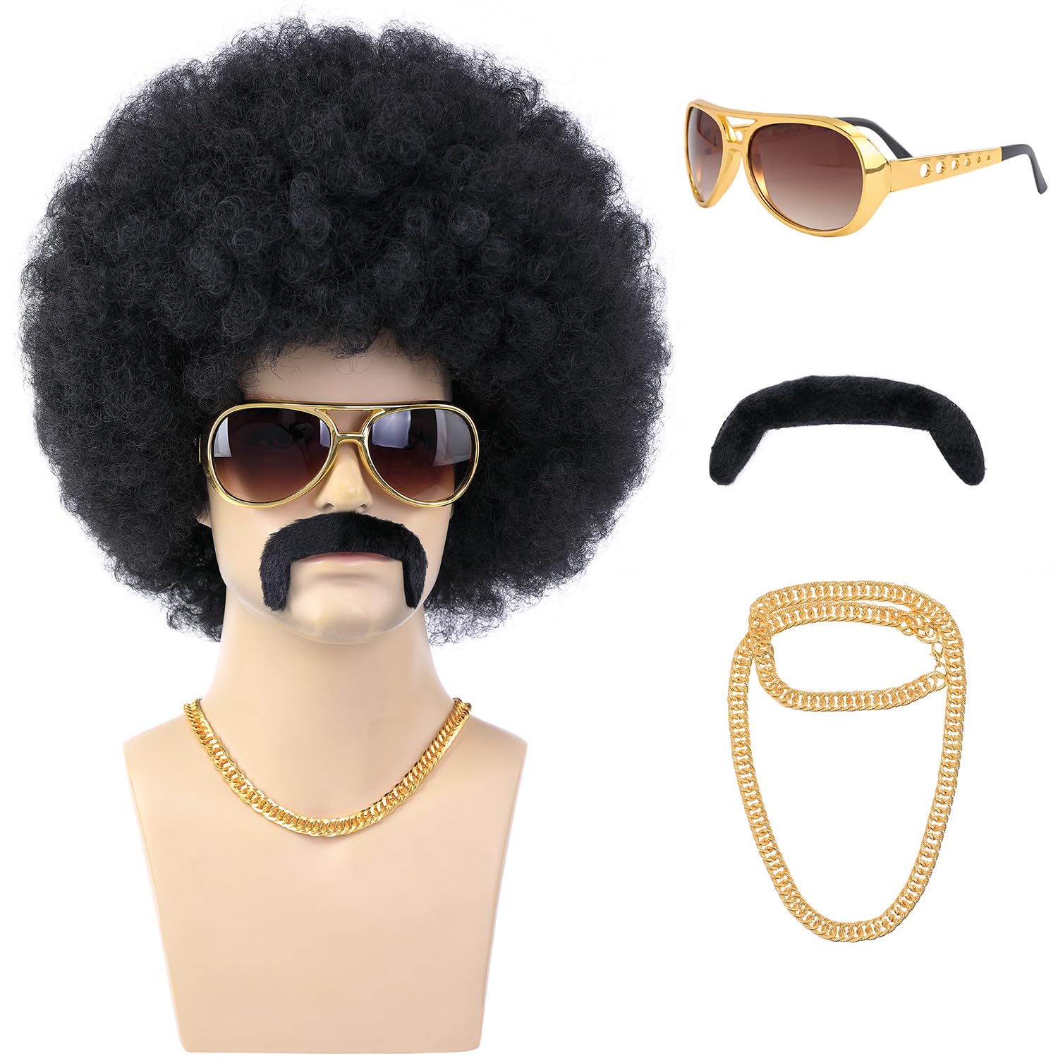 Photo 1 of morvally 70s Black Afro Wig for Men with Glasses Chain and Mustache Mens Short Black Curly Disco Costume Wigs 70's 80s Hippie Rocker Funny Cosplay Synthetic Wigs for Halloween Party
