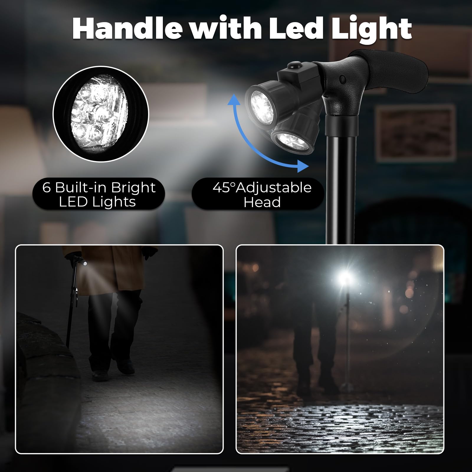 Walking Cane for Men Women: Ohuhu Walking Canes with LED Light Folding Walking Stick Adjustable Free Standing Canes with Wrist Strap Travel Bag for Seniors Adults