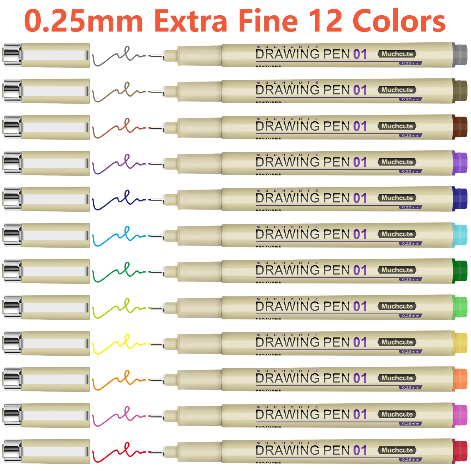 Muchcute Micro Fineliner Drawing Art Pens: 20 Set (12 Colors & 8 Black) Extra Fine Line Waterproof Ink Artist Supplies Archival Inking Ultra Thin Markers Sketch Sketching Watercolor Zentangle Stuff