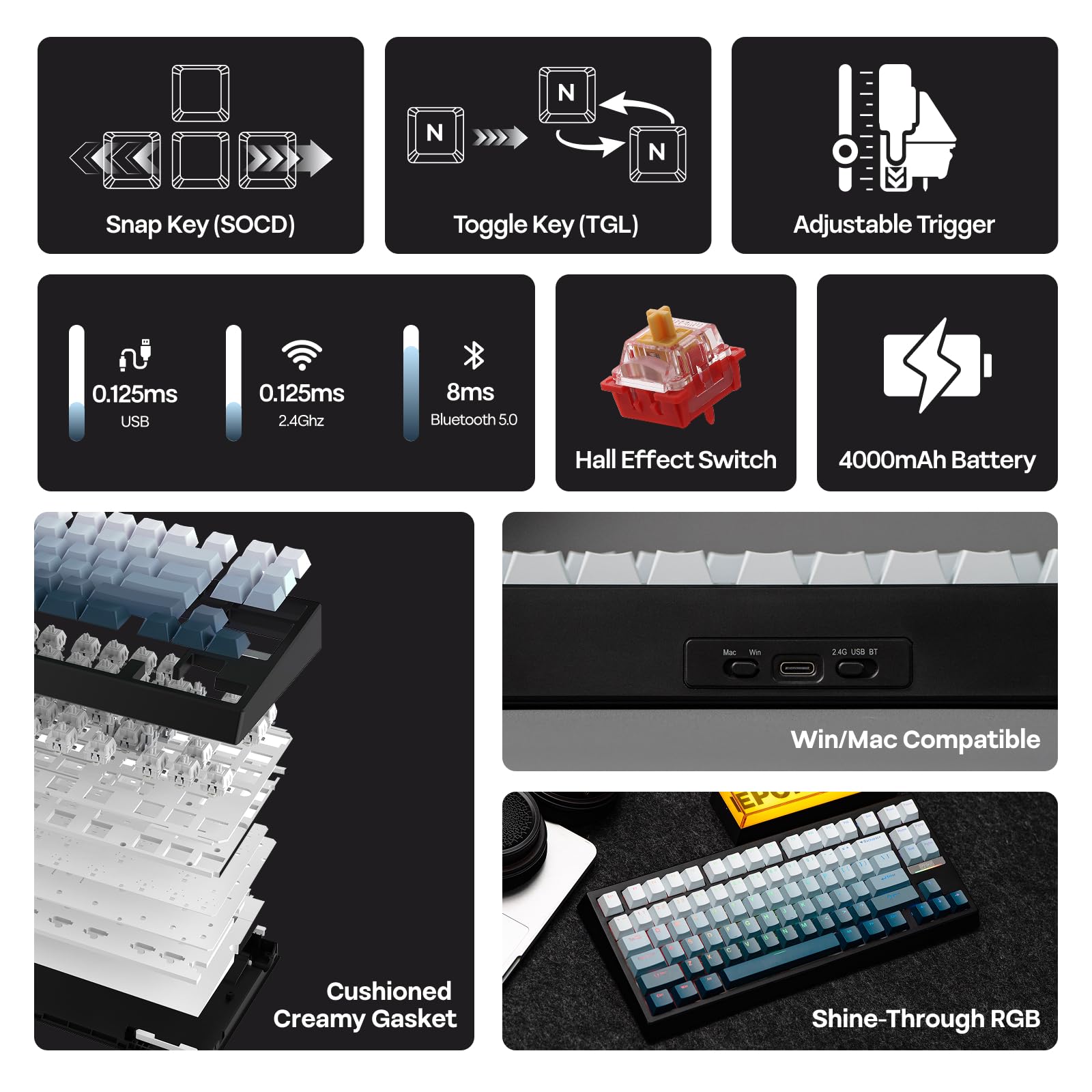 EPOMAKER G84 HE Wireless Hall Effect Keyboard, 8K Polling & 8000mAh, SOCD & DKS, Gaming Keyboard with Fast Trigger & Adjustable Actuation, RGB Backlit, PBT Keycap, Hot-Swap, for Win/Mac