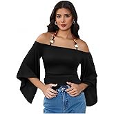winkbay Women's Off The Shoulder Halter T Shirt Ruched Bell Half Sleeve Vintage Going Out Tops