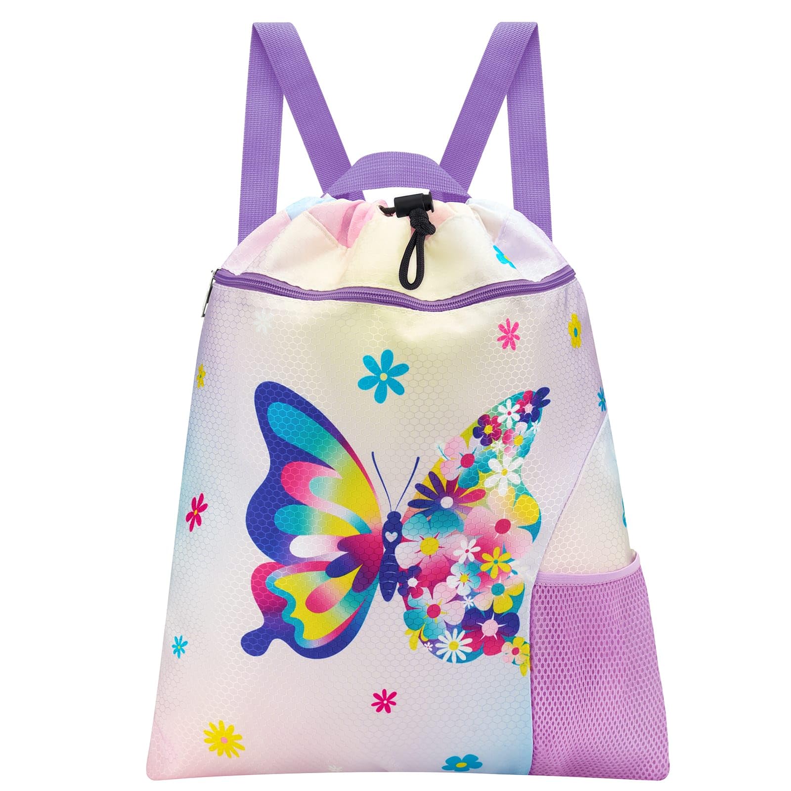 WAWSAM Butterfly Gym Drawstring Bag - 38 × 45 cm Sports Gym PE Bag for Girls Kids Waterproof Swimming Beach Shopping Yoga Backpack and Drawstring kids with Zippered Pocket and Water Bottle Pocket
