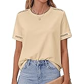 BTFBM Womens Summer Tops Lace Short Sleeve Shirts 2026 Spring Casual Loose Crew Neck Cotton Knit Cute Business Blouses