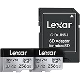 Lexar 256GB 2-Pack Silver Plus Micro SD Card, 205MB/s Read, 4K, V30, UHS-I | Compatible w/ DJI, GoPro, Nintendo-Switch 1, Steam Deck, Ideal for Videographers, Gamers, w/ SD Adapter, LMSSIPL256G-B2ANU