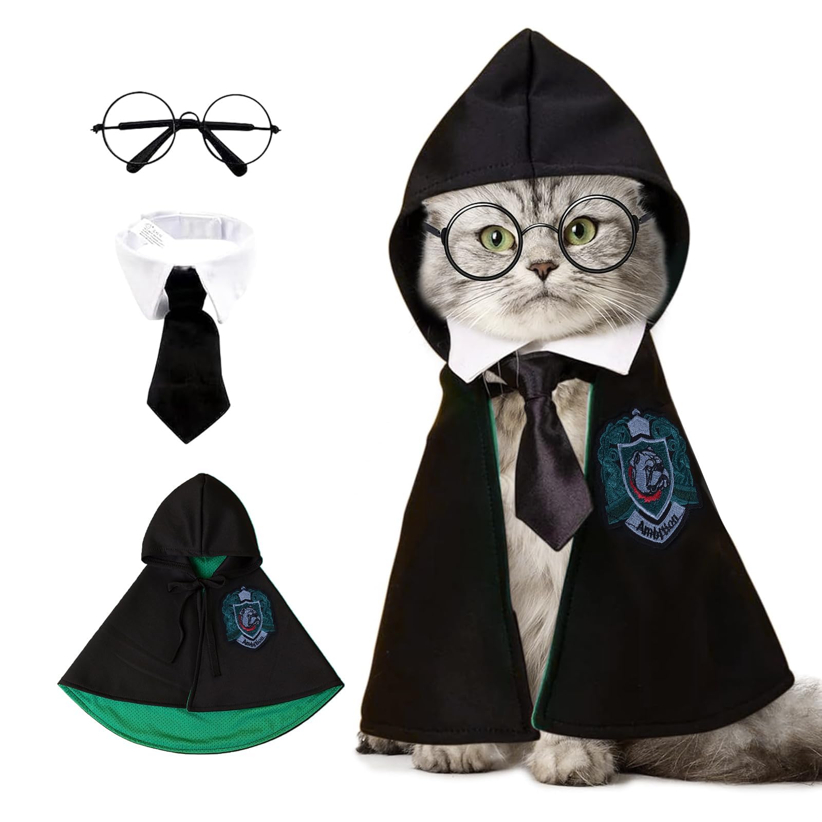 Photo 1 of NIULA Cat Halloween Costume - Pet Wizard Costumes Mantle Magician Cosplay Clothes with Bowtie & Glasses Set, Festival Party Apparel for Small Pets Cats Dogs