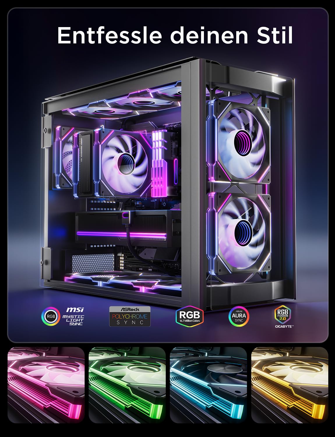 AsiaHorse 140mm PC Gehäuselüfter, AMICI Mega-A14 ARGB PWM Lüfter (Auspuff) mit Dual-Sided Infinity Mirror, HDB-Lager, 5V 3-Pin Sync, Kabelmanagement (Schwarz, 1 Stück) 6