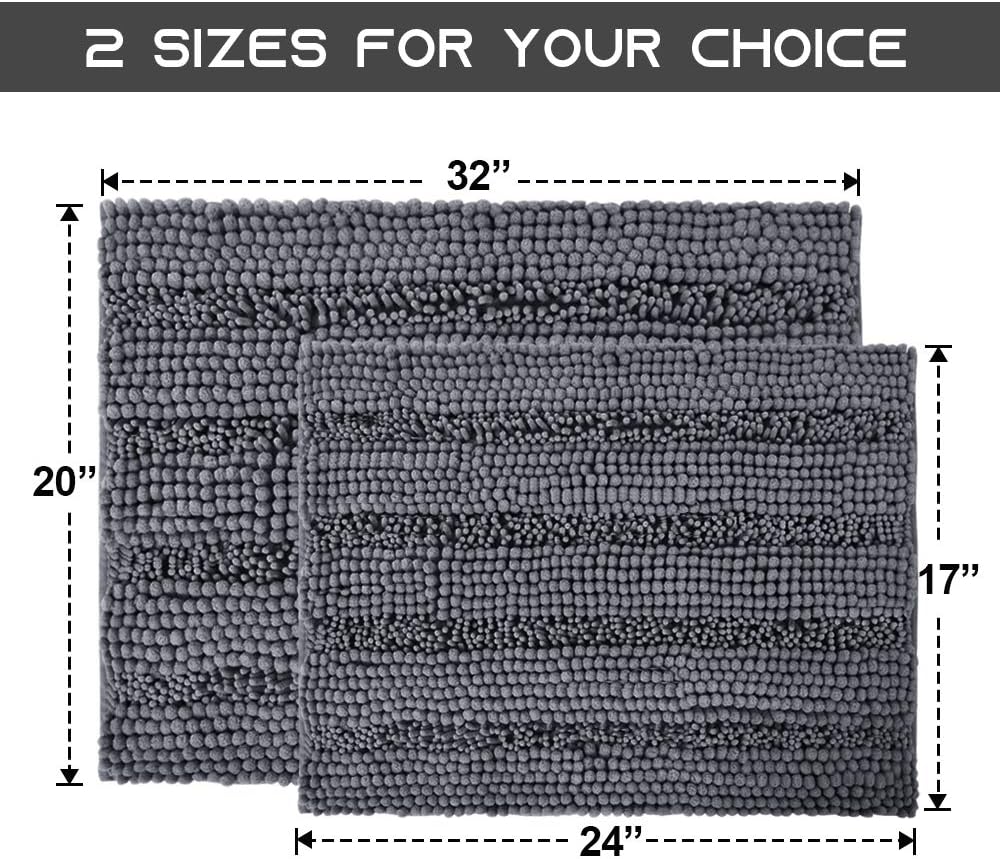 NICETOWN Grey Bath Rugs, Extra Thick Bath Rugs for Bathroom, Anti-Slip Soft Plush Chenille Shaggy Bath Mats, Living Room Bedroom Mats, Water Absorbent Floor Carpets (20 x 32 Plus 17 x 24): Home & Kitchen