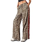 WDIRARA Women's Leopard Print Side Striped Wide Leg Sweatpants High Waisted Drawstring Baggy Pants