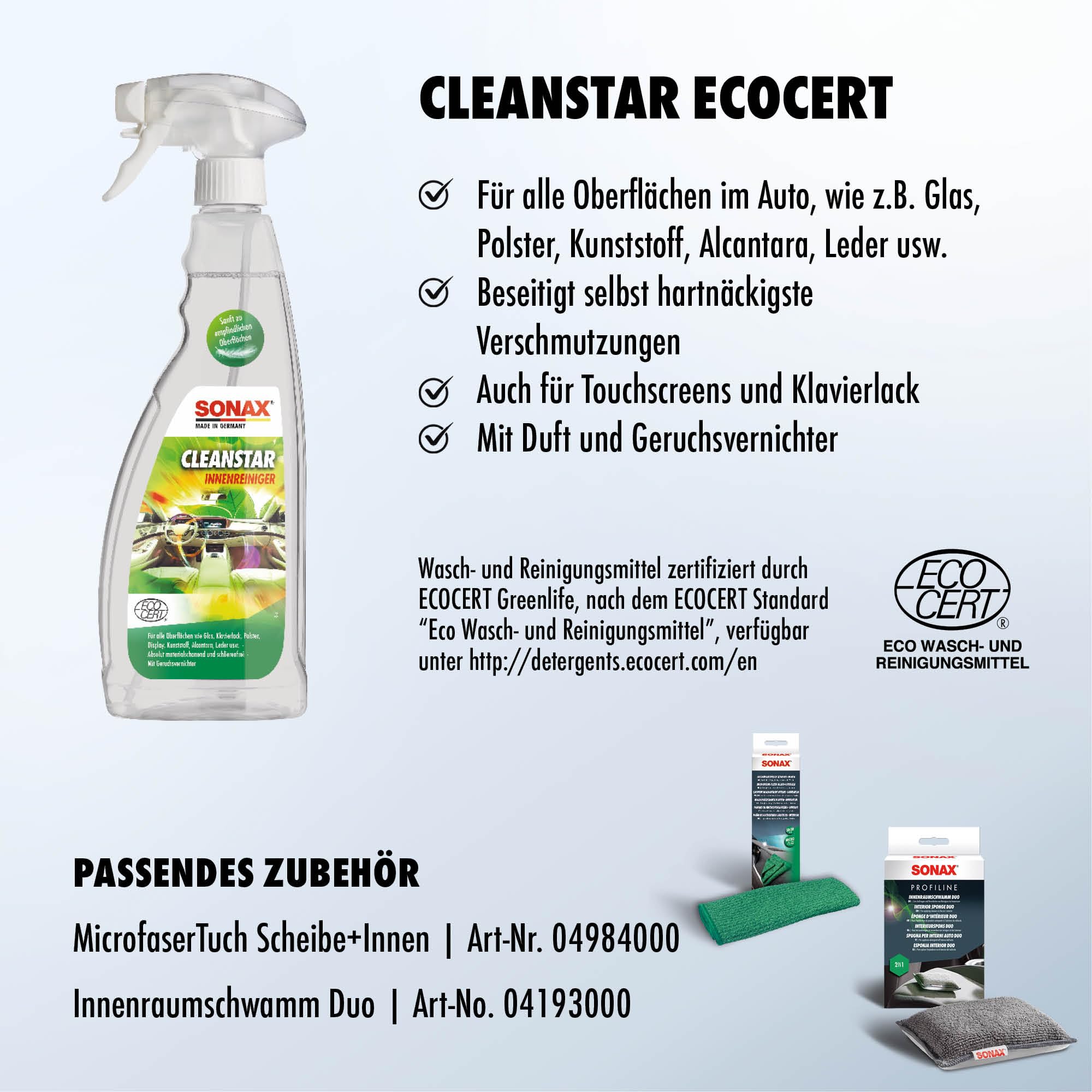SONAX CleanStar (750 ml) Autoinnenreiniger für Stoff, Polster, Alcantara, Leder, Cockpit, Kunststoff, Gummi, Glas, Klavierlack, Displays, Touchscreens usw. | Art-Nr. 02534000 3