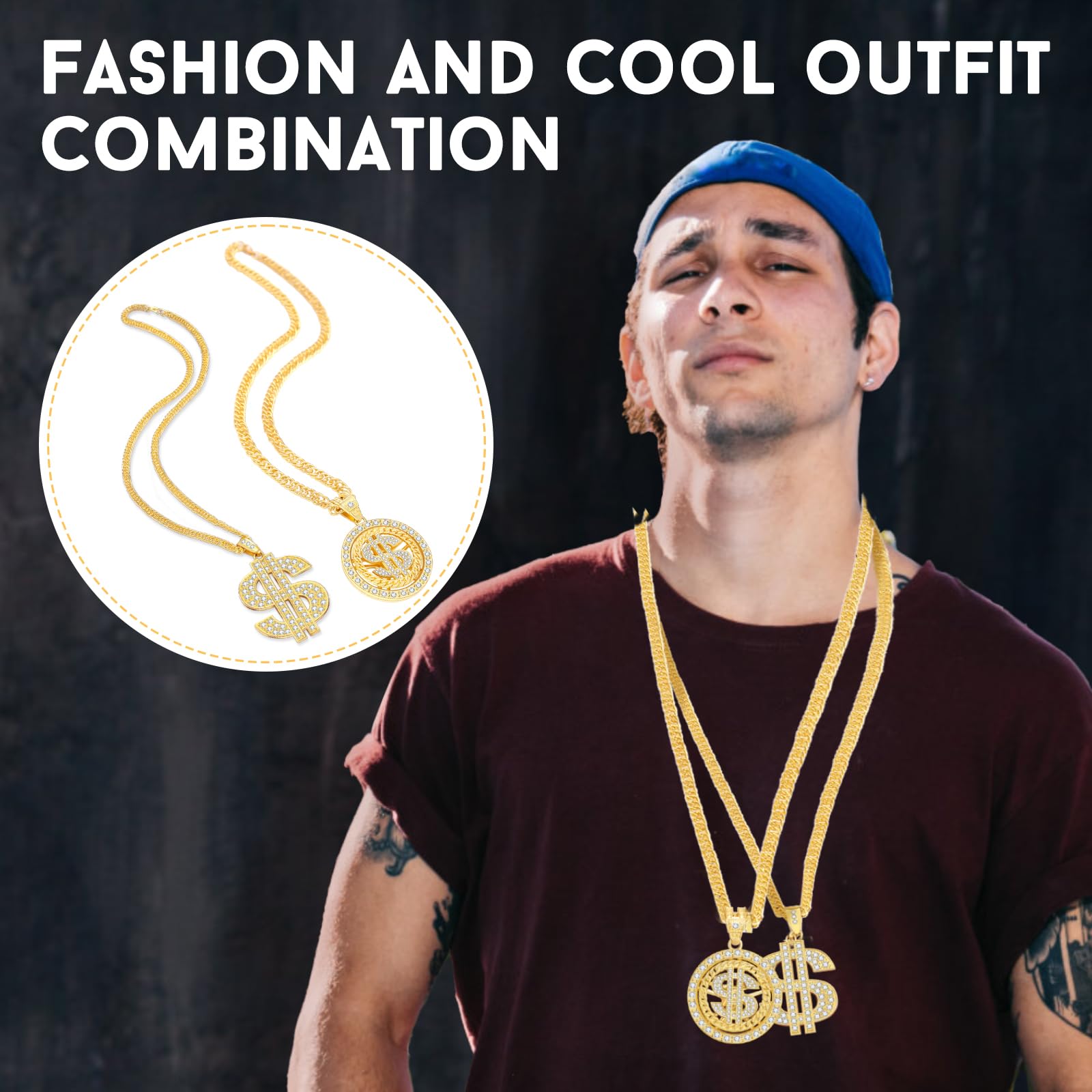 2PCS Money Chain Fake Gold Necklace: Big Money Dollar Sign Gold Chains Halloween Costume - Men Rapper Digger Hip Hop 70s 80s 90s Costume Accessories