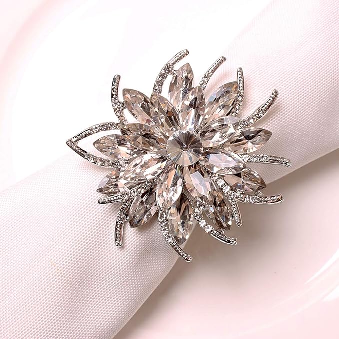 HSCC666 Silver Rhinestone Napkin Rings Set of 6 Crystal Flower Napkin Ring Holders