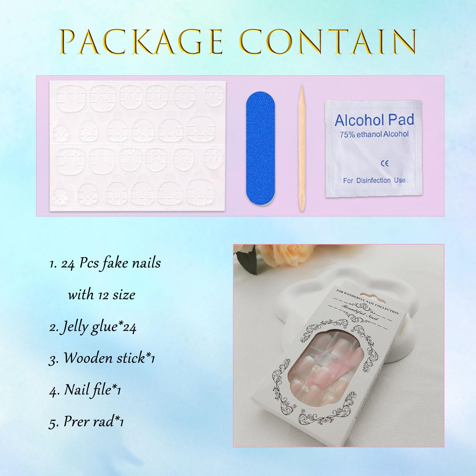 Extra Short Press on Nails Square Nude Ombre Fake Nails Press ons White Glue Stick on Nails with Designs Full Cover Acrylic Glossy Artificial Cute False Nail for Women Girls 24 Pcs - Image 5