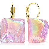 JOONL Bohemian 14k Gold Dainty Colorful Resin Square Dangle Drop Earrings Acrylic Geometry Leverback Earrings for Women