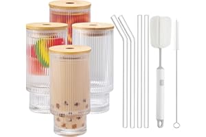 CJWLKJ 4-Pack 16oz Ribbed Drinking Glasses with Bamboo Lids and Straws, Vintage Fluted Ribbed Glassware, Glass Cups, Iced Cof